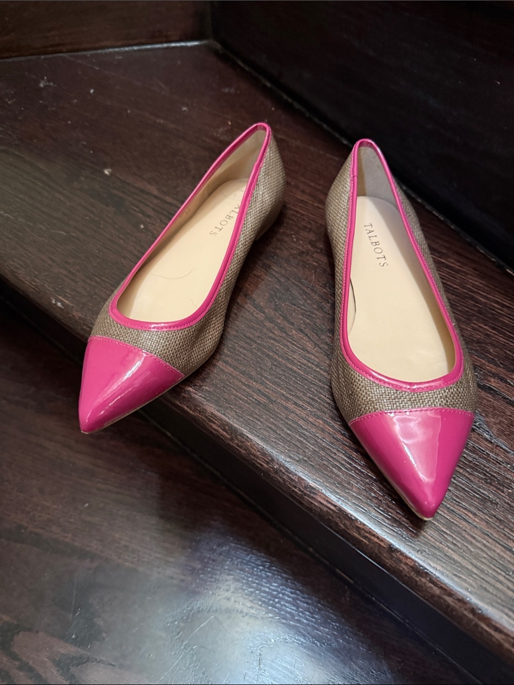 NWT Talbots Brown linen Pointed Flats with Pink Patent Trim